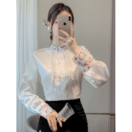 國潮新中式盤釦襯衫女春裝2025年風提花復古立領綉花長袖上衣