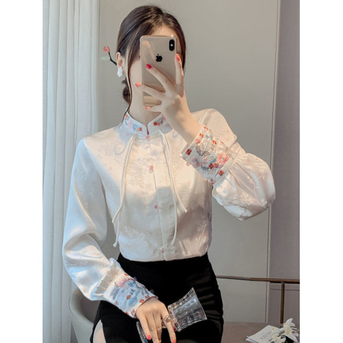 國潮新中式盤釦襯衫女春裝2025年風提花復古立領綉花長袖上衣