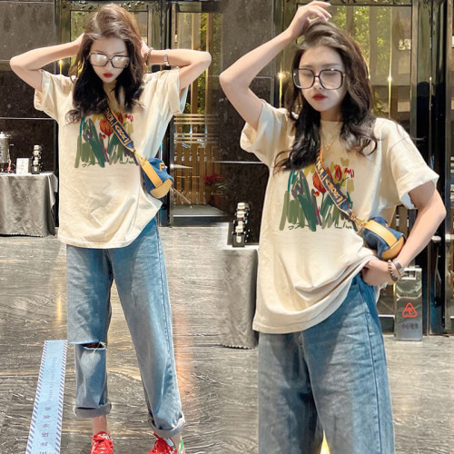 遮肚子顯瘦純棉短袖t恤女大碼寬鬆中長款印花網紅ins潮半袖上衣曬