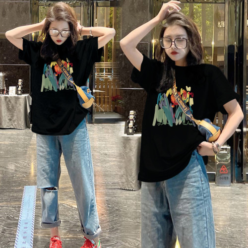 遮肚子顯瘦純棉短袖t恤女大碼寬鬆中長款印花網紅ins潮半袖上衣曬