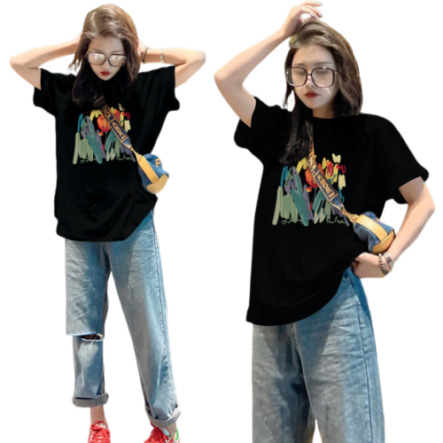 遮肚子顯瘦純棉短袖t恤女大碼寬鬆中長款印花網紅ins潮半袖上衣曬