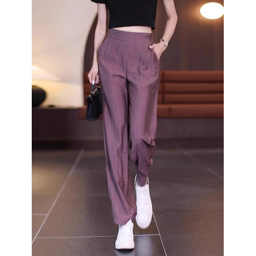 撿漏~休閒冰絲九分濶腿褲女夏季薄款寬鬆垂感小個子直筒褲子