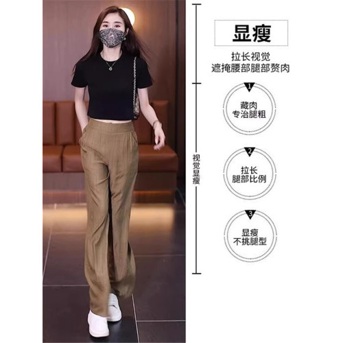 撿漏~休閒冰絲九分濶腿褲女夏季薄款寬鬆垂感小個子直筒褲子