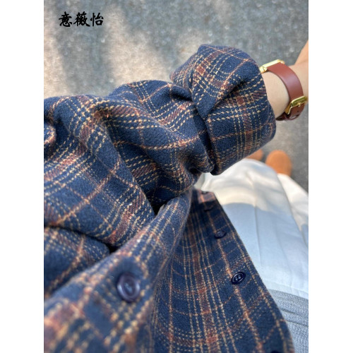 磨毛棉格子襯衫2024新款女復古高級感襯衣內搭曡穿上衣秋冬薄外套