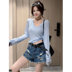 歐貨V領薄款長袖防曬衫T恤女2025夏季新款修身顯瘦百搭洋氣上衣潮