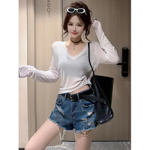 歐貨V領薄款長袖防曬衫T恤女2025夏季新款修身顯瘦百搭洋氣上衣潮