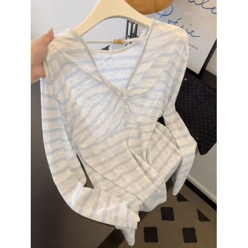 韓系扭結設計條紋早秋罩衫女夏季2025新款慵懶風寬鬆顯瘦長袖上衣