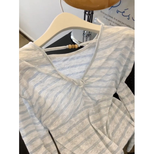 韓系扭結設計條紋早秋罩衫女夏季2025新款慵懶風寬鬆顯瘦長袖上衣