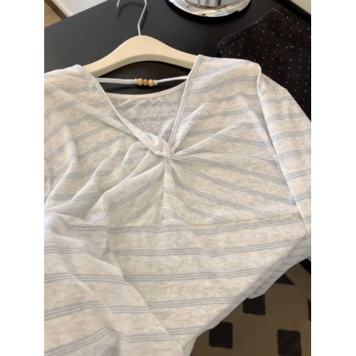 韓系扭結設計條紋早秋罩衫女夏季2025新款慵懶風寬鬆顯瘦長袖上衣