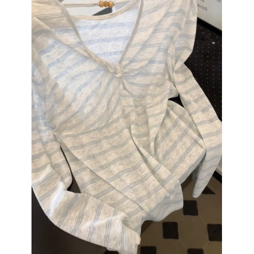 韓系扭結設計條紋早秋罩衫女夏季2025新款慵懶風寬鬆顯瘦長袖上衣