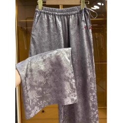 新中式提花緞面濶腿褲女夏季薄款寬鬆高腰垂感國風高檔直筒長褲子