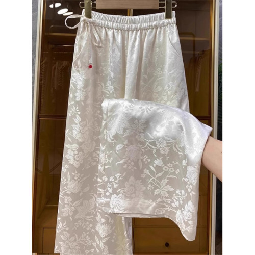 新中式提花緞面濶腿褲女夏季薄款寬鬆高腰垂感國風高檔直筒長褲子