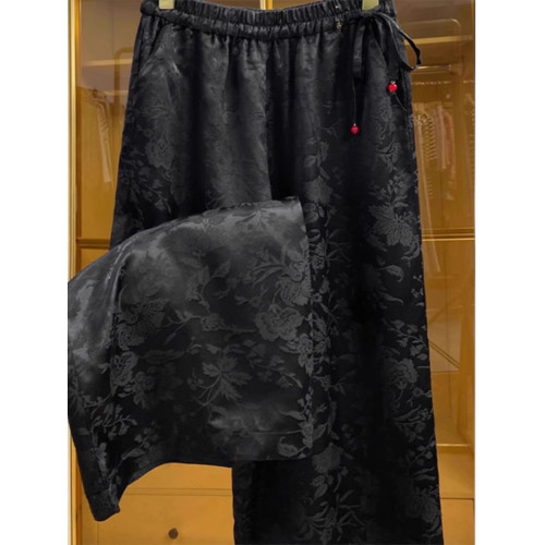 新中式提花緞面濶腿褲女夏季薄款寬鬆高腰垂感國風高檔直筒長褲子