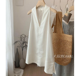 渠道貨！白色無袖上衣女夏季簡潔大方時尚感瞬間拉滿V領亞麻掛脖