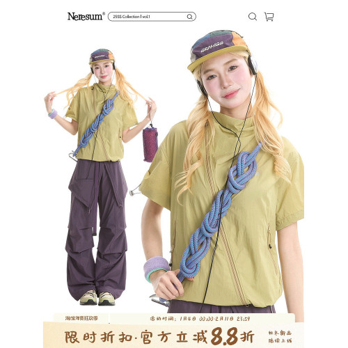 NERESUM美式機能風斜拉鍊短袖襯衫女戶外山系輕薄速乾工裝上衣