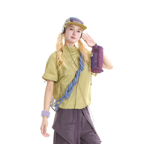 NERESUM美式機能風斜拉鍊短袖襯衫女戶外山系輕薄速乾工裝上衣