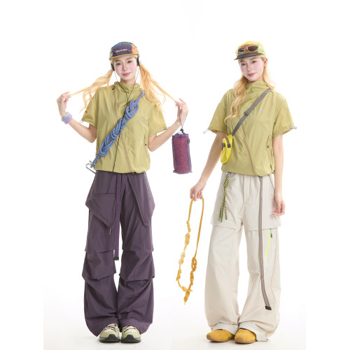 NERESUM美式機能風斜拉鍊短袖襯衫女戶外山系輕薄速乾工裝上衣