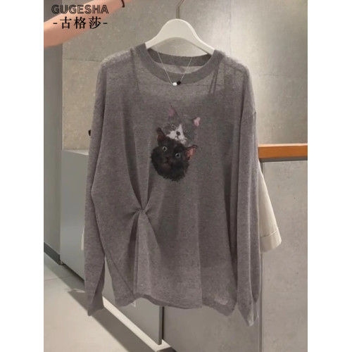 卡通小貓印花灰色長袖防曬衫女秋季2025新款休閒慵懶感罩衫上衣潮