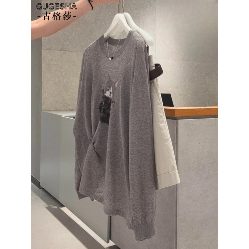 卡通小貓印花灰色長袖防曬衫女秋季2025新款休閒慵懶感罩衫上衣潮