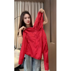 歐貨爆款高級感超好看上衣多巴胺紅色輕薄款連帽防曬衣外套女夏季