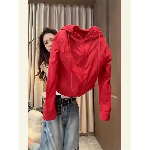 歐貨爆款高級感超好看上衣多巴胺紅色輕薄款連帽防曬衣外套女夏季