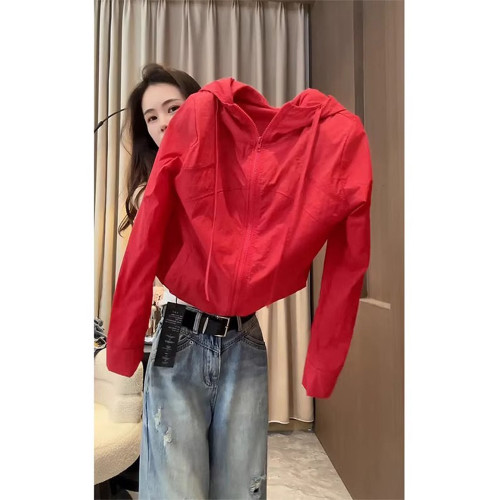 歐貨爆款高級感超好看上衣多巴胺紅色輕薄款連帽防曬衣外套女夏季