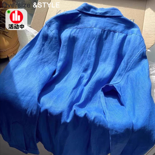 大碼復古克萊因藍色襯衫女2026春季新款寬鬆休閒棉麻襯衣防曬外套