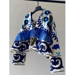 渠道貨！閉眼入，2025新款歐貨時尚小衆度假風藍色印花開衫外套女