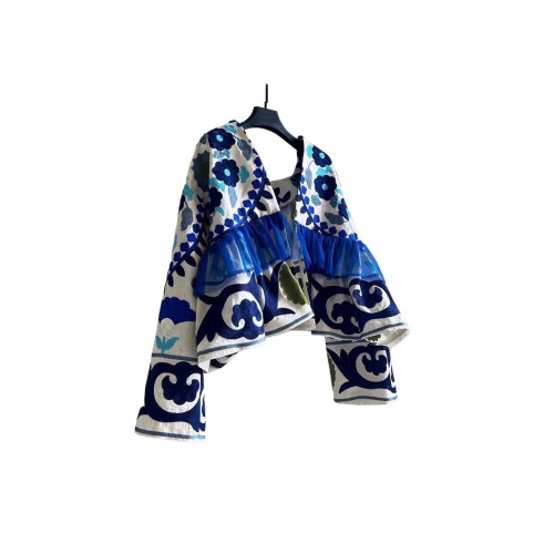 渠道貨！閉眼入，2025新款歐貨時尚小衆度假風藍色印花開衫外套女