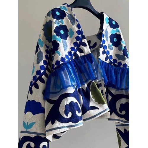 渠道貨！閉眼入，2025新款歐貨時尚小衆度假風藍色印花開衫外套女