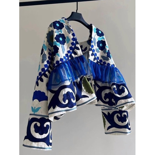 渠道貨！閉眼入，2025新款歐貨時尚小衆度假風藍色印花開衫外套女