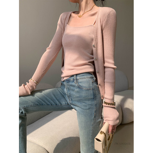 JWUNIQUE酒窩粉色薄款長袖針織開衫女秋冬2026年修身顯瘦防曬上衣