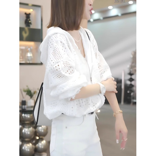 鏤空連帽針織衫女秋季薄款設計感休閒百搭顯瘦防曬開衫罩衫上衣潮