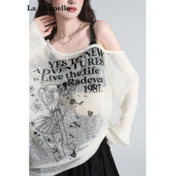 拉夏貝爾美式斜領防曬罩衫長袖T恤女夏季設計感性感寬鬆露肩上衣