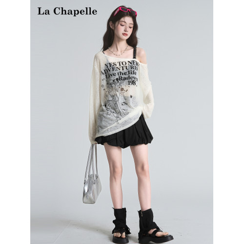 拉夏貝爾美式斜領防曬罩衫長袖T恤女夏季設計感性感寬鬆露肩上衣