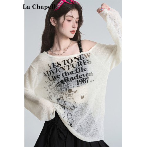 拉夏貝爾美式斜領防曬罩衫長袖T恤女夏季設計感性感寬鬆露肩上衣