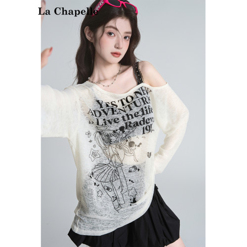 拉夏貝爾美式斜領防曬罩衫長袖T恤女夏季設計感性感寬鬆露肩上衣