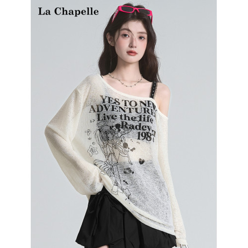 拉夏貝爾美式斜領防曬罩衫長袖T恤女夏季設計感性感寬鬆露肩上衣