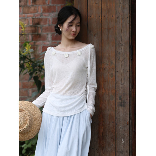 MUNNS2025SS法式立體手鉤花一字斜肩防曬皮膚衣女夏季設計感上衣