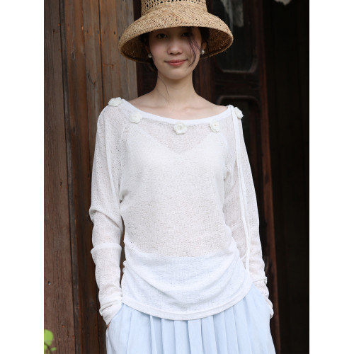 MUNNS2025SS法式立體手鉤花一字斜肩防曬皮膚衣女夏季設計感上衣