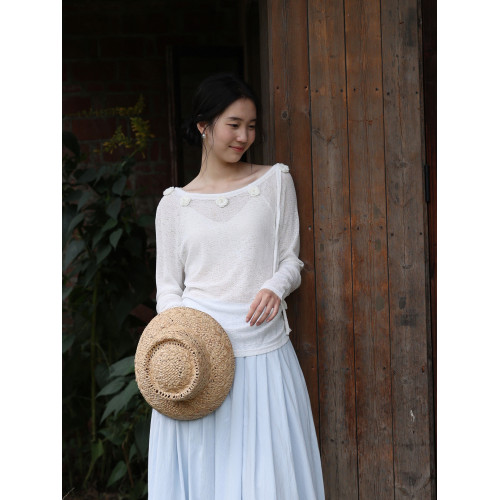 MUNNS2025SS法式立體手鉤花一字斜肩防曬皮膚衣女夏季設計感上衣