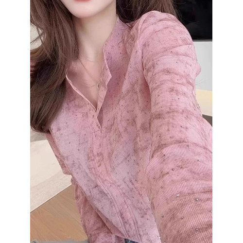 歐貨粉色暈染燙鑽T恤女2026新款爆款洋氣設計感時尚顯瘦長袖上衣