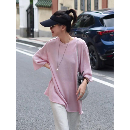 粉色針織薄款罩衫防曬衣中長款t恤夏季新款圓領寬鬆慵懶風防曬衫