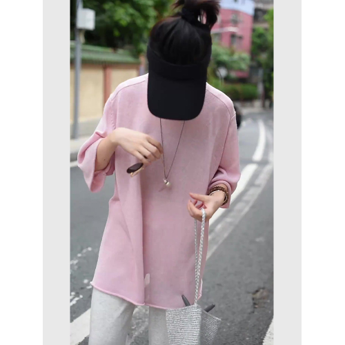 粉色針織薄款罩衫防曬衣中長款t恤夏季新款圓領寬鬆慵懶風防曬衫