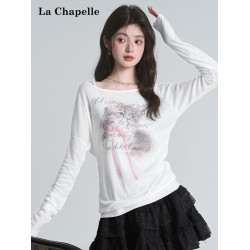 拉夏貝爾罩衫慵懶風斜肩針織衫女夏輕薄防曬T恤白色長袖露肩上衣