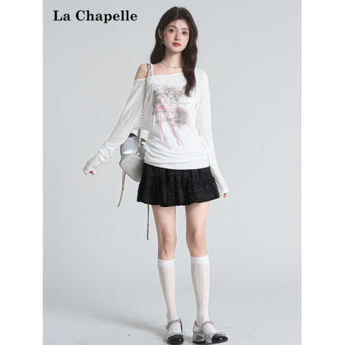 拉夏貝爾罩衫慵懶風斜肩針織衫女夏輕薄防曬T恤白色長袖露肩上衣