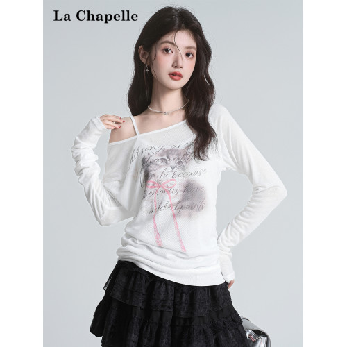 拉夏貝爾罩衫慵懶風斜肩針織衫女夏輕薄防曬T恤白色長袖露肩上衣