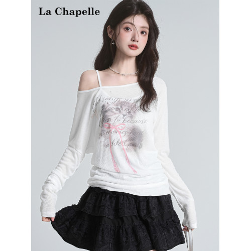 拉夏貝爾罩衫慵懶風斜肩針織衫女夏輕薄防曬T恤白色長袖露肩上衣