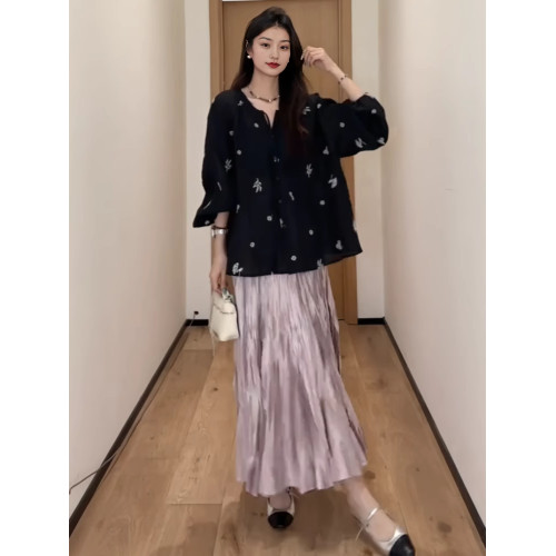 夏季韓版氣質時尚黑色寬鬆女士上衣刺綉減齡長袖百搭防曬襯衫襯衣