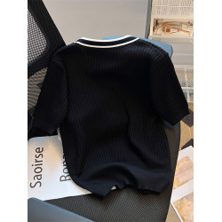 清倉撿漏~專櫃撤廻夏季小香風v領短袖針織衫女減齡撞色上衣潮